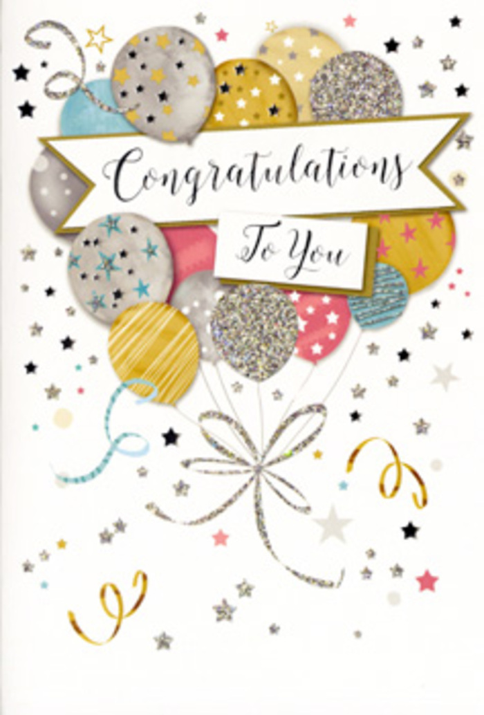The image shows a sophisticated congratulations card that feels both festive and elegant, as if it were designed for those special moments when Sipson families gather to celebrate good news. At its heart is a bouquet of illustrated balloons, clustered loosely together like a party decoration hanging above a table of flowers. The balloons are painted in a palette of soft metallic gold, cool silver, champagne cream, sky blue, blush pink, and gentle dove grey, with each one embellished by tiny stars, scattered glitter, or neat stripes. Their rounded forms overlap in a natural way, suggesting depth and subtle movement, as though a breeze drifting in from a garden near Sipson Recreation Ground were lifting them slightly. From the base of the cluster, slender strings sweep downward in fluid, calligraphic lines of gold and silver, visually tying the whole composition together. Surrounding this central motif, delicate stars, dots, and curled party ribbons float across a pale, luminous background, evoking confetti caught in soft afternoon light. Cutting gracefully through the middle of the design is an unfurled banner carrying the words Congratulations To You in refined, looping script that feels heartfelt yet polished, like the finish to a carefully written message. The textures implied in the artwork suggest a mix of smooth card, glossy printed ink, and a touch of raised glitter that would catch the fingertips as you hold it. The mood is joyful but not loud-perfect for pairing with a hand-tied bouquet delivered across Sipson to celebrate graduations, promotions, or personal achievements where you want to express admiration, pride, and genuine happiness.