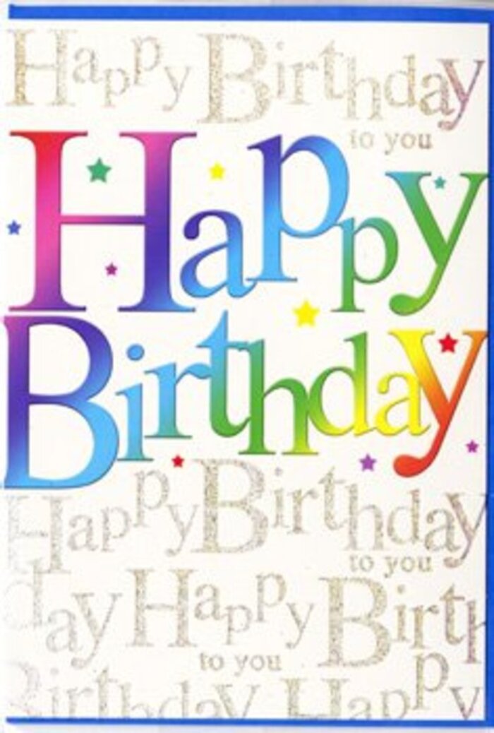 In this image, a lavishly designed birthday card stands proudly, its front as animated and colourful as a festive gathering in a favourite Sipson café. The central focus is the bold Happy Birthday message, written in large, friendly letters that seem to glow from within. Each letter carries a different part of a continuous rainbow gradient, moving fluidly from intense ruby red into juicy tangerine, mellow sunshine yellow, leaf green, sea blue, and finally a deep, regal violet. The colours blend softly at the edges, as if brushed on with watercolour and then given a soft satin finish, creating a smooth, almost touchable richness. Surrounding and behind this lively text is a field of repeating golden handwriting, the phrase Happy Birthday to you looping across the card in a delicate script. The gold ink appears slightly raised and gently reflective, as if dusted with the finest glitter, catching light in the same way that morning sun glimmers on petals in a florist's display near Sipson. Interspersed throughout are tiny stars and speckles in bright, jewel-like colours-little bursts of confetti that add movement and a sense of spontaneous celebration. The card's background tone remains light and neutral, allowing the rainbow lettering and gold script to shine without feeling cluttered. The overall mood is that of wholehearted joy: modern yet timeless, suitable for a close friend, a beloved relative, or anyone whose birthday you want to mark with extra care. As a local florist used to matching greetings with bouquets for customers across Sipson, I can imagine this card propped beside a bold arrangement of mixed blooms, both together transforming an ordinary tabletop into a moment of shared happiness.