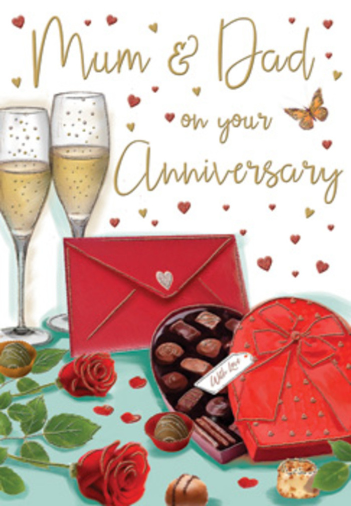 Elegant anniversary card artwork portraying a richly detailed still life, as though arranged by a thoughtful florist for parents celebrating many years together in Sipson. At the front of the composition, two red roses lie gracefully across the surface, their petals tightly layered and velvety, painted with deep ruby tones and subtle shadows that mimic the look of freshly cut blooms. Surrounding them, glossy green leaves and fine stems add texture and natural movement, suggesting the care of someone used to choosing the best stems for local deliveries. Just beyond the roses, an open heart-shaped chocolate box becomes the focal point, its strong scarlet lid tipped to reveal an assortment of neatly nestled chocolates, each piece shaded to show creamy centres hidden beneath smooth shells. A lush red bow sweeps across the lid, its loops and tails rendered in silky curves that catch the warm, ambient light. Standing proudly behind, two tall champagne flutes brimming with golden bubbles draw the eye upward, symbolising a celebratory toast for Mum and Dad, perhaps around a table in a Sipson home after a walk by the nearby green. The bubbles rise in delicate strands, reflecting tiny glints of light, which continue into the background as scattered gold and crimson hearts, giving the impression of joy drifting through the air. To one side lies a bright red envelope, perfectly positioned and sealed, implying a private, affectionate message tucked inside. The entire scene glows with rich reds, warm golds, and soft reflections, evoking scents of roses and chocolate and the gentle sound of glasses touching. As a florist serving the Sipson community, I see in this card a tender tribute to enduring love, designed to wrap parents in a sense of warmth, nostalgia, and shared celebration.