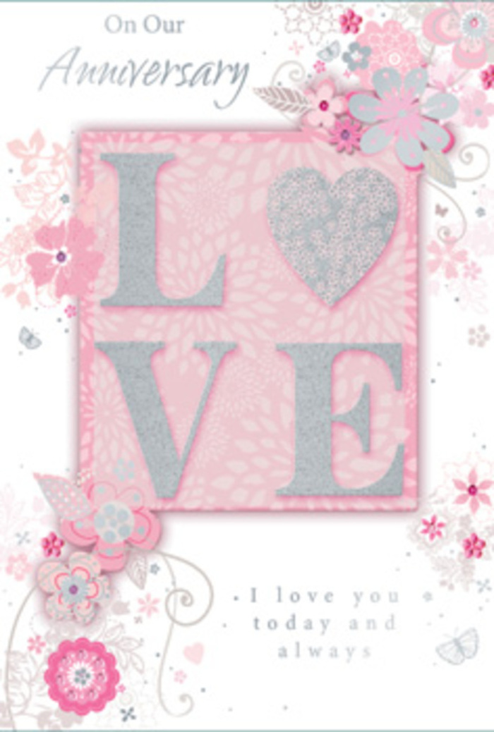 This anniversary card is pictured in close detail, its design unfolding like a sunlit bouquet arranged on a kitchen table in Sipson after a surprise delivery. The central motif is the word LOVE, printed in tall, graceful letters and finished with a frosted glitter texture that looks delightfully tactile, as if your fingertips would feel tiny crystalline ridges along every curve. Under the light, the letters shift between blush pink, soft white, and silver highlights, mirroring the gentle shimmer of satin ribbon around an anniversary bouquet. Around this word, hand-drawn blooms and airy sprays drift along the edges and corners of the card, creating a frame that feels both spontaneous and artfully composed. The flowers are rendered in soft tones of pink, lilac, and ivory, with fine inked outlines and subtle washes of colour that resemble a watercolour sketch a florist might make while planning arrangements for local couples celebrating in and around Sipson. Slender leaves, delicate filigree lines, and almost-hidden butterflies weave through the design, giving the card a sense of quiet movement and tender emotion, like hearts fluttering during an anniversary toast. The background is a gentle blush pink, kept light enough that every detail remains clear, while still bathing the card in a romantic glow. A simple yet profound message-I love you today and always-is printed in understated, elegant type, resting calmly amid the floral motifs. Overall, the card feels like a hand-tied bouquet translated into paper form, ideal to accompany fresh flowers delivered to homes near Sipson Green or along the routes leading toward Heathrow, expressing lasting love with softness and grace.