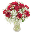 Encountering this bouquet in Sipson feels like stepping into a moment of pure, timeless romance. At its core, a gathering of radiant, deep red roses-nine to a dozen-stand proud and luminous, their petals soft as velvet, curling open to reveal depths of passionate colour. They are gently embraced by airy, cloud-like clusters of white baby's breath, each tiny bloom providing a subtle, ethereal accent and softening the boldness of the roses. The rounded, full arrangement sits gracefully in a clear glass vase, where fresh green stems can be glimpsed through water that sparkles in the light, echoing the freshness of Sipson's leafy surroundings. Set against a crisp white backdrop, the vivid reds and snowy whites come alive, evoking a sense of grace and celebration unique to this West London community. The bouquet's subtle scent-a blend of rose with just a hint of sweetness-feels like the soft air of a garden after rain. Designed by local florists with a thoughtful hand, this arrangement offers a meaningful way to express affection or commemorate a special occasion in Sipson, whether for an anniversary, birthday, or simply a heartfelt gesture to let someone know they are truly cherished.