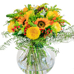 A radiant tribute to the brightest days in Sipson, this handcrafted bouquet pairs vivid yellow sunflowers with creamy garden roses, capturing the essence of summer in a way only a local Sipson florist can. Each sunflower stands tall and confident, its eye-catching centre surrounded by petals the colour of midday sunlight reflecting off Sipson's village rooftops. Between them, roses unfold their tightly woven petals with irresistible softness, while playful clusters of red Hypericum berries pop against the fresh green backdrop. Airy sprigs of goldenrod and delicate ferns arc gently from the arrangement, imbuing it with natural grace and a sense of breezy movement, not unlike the wind tracing its path past Sipson Way. Eucalyptus leaves, with their silvery-green charm, nestle discreetly throughout, supporting a harmonious palette designed to complement modern interiors and historic homes alike. The bouquet finds its form in a sparkling round glass vase, which reveals the network of robust stems crisscrossing in cool water below. With a gentle floral fragrance and striking, cheerful impact, this arrangement feels like a breath of fresh summer air brought indoors. Whether gracing the table during a family gathering or arriving as a thoughtful delivery for a birthday near Sipson Lane, it embodies the joy and optimism that flowers can bring to any corner of our village.