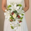 In this evocative bridal portrait taken near Sipson's historic green spaces, a bride's arms are shown embracing an opulent, teardrop-shaped bouquet that radiates botanical sophistication and heartfelt local craftsmanship. The arrangement dazzles with its interplay of classic white blooms and bold, seasonal accents: large oriental lilies in pure white, each petal brushed with faint maroon speckling, radiate outward and anchor the bouquet's upper section. At their center rests a delicate, cream-tinged rose-its petals tightly curled, exuding subtle fragrance and old-world charm. Clusters of lively lime-green cushion mums punctuate the composition, their rounded contours offering cheerful contrast and progressive flair, much like the eclectic gardens found around Sipson Village. Interwoven throughout are fine sprays of white baby's breath, imparting an ethereal, cloudlike texture, while glossy red hypericum berries sparkle among the greenery, echoing the festive mood of a wedding day. What sets this bouquet apart are the trailing, elegant Phalaenopsis orchids, their snowy petals tumbling downwards in a graceful, ruffled cascade that adds both visual drama and refinement. Slender blades of deep green and fine grassy wisps frame the ensemble, suggesting movement and a sense of natural abundance. The bouquet is gently bound with a hint of white satin ribbon, visible just above the bride's clasped hands and lace-detailed gown. This expertly designed Sipson bouquet blends time-honoured floral elegance with fresh, joyful accents, making it a showpiece for contemporary weddings and celebratory moments throughout the local community.