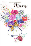 Expressive Mother's Day card illustration depicting a lively, hand-painted bouquet that appears freshly gathered from a spring garden near Sipson and translated into flowing watercolour. The central arrangement is a joyful medley of flowers suggested through loose, sweeping strokes: rich purples, radiant reds, and bright pinks blend into cooler tones of blue and soft lavender, with dashes of apricot and peach softening the palette. Hints of green foliage peek between the blooms, providing structure and balance, while fine gold detailing outlines parts of petals and leaves, creating a subtle shimmer like sunlight catching early morning dew along local footpaths. The flowers are cradled in a rounded vase, gently sketched and grounded by an elegant golden bow tied at the front, echoing the finishing touches a florist might add before a doorstep delivery on Mother's Day. Around the bouquet, light-hearted splatters of colour and scattered heart shapes float across the clean white background, like confetti or petals tossed in celebration. The transparent layers of paint, soft edges, and occasional bolder strokes give the scene a sense of movement, as though the bouquet is swaying with quiet happiness. The overall mood is intimate and heartfelt, conjuring memories of children in Sipson carefully choosing flowers for mum, or families gathering to share a simple meal. This card transforms a painted bouquet into a tender gesture on paper, filled with warmth, appreciation, and the gentle promise of spring.