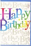 The photograph presents a striking birthday card whose design glows with the same lively spirit you might sense during a family celebration in a Sipson home. Dominating the front cover is the phrase Happy Birthday, rendered in large, confident letters that sweep across the card like a cheerful banner. Each letter carries a smooth, blended gradient of colour, beginning with deep cherry red, melting into bright orange and lemon yellow, then cooling into grassy green, ocean blue, and finally settling into a rich plum purple. The effect is reminiscent of colourful balloons or a freshly arranged rainbow bouquet, the tones transitioning with no harsh edges, giving a soft, modern look. Behind this main greeting, the entire backdrop is filled edge-to-edge with dainty gold script repeating Happy Birthday to you in rhythmic lines. The script has a shimmering, metallic finish, suggesting a fine glitter that would catch any nearby light source, like candles on a birthday cake or sunlight streaming through a window in Sipson. Sprinkled here and there around the text are tiny coloured stars and confetti dots, adding a sense of movement and fun, as though they've just been tossed into the air. The card's surface appears smooth and slightly glossy, enhancing the vibrancy of the rainbow letters and the sparkle of the gold. The overall impression is one of joyful celebration, at once playful and elegant. From a florist's perspective, it's the kind of card that pairs beautifully with a bright, mixed bouquet delivered locally, turning a simple birthday greeting into a keepsake moment that feels personal, thoughtful, and full of anticipation.