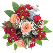 This Sipson bouquet is a masterclass in harmonious contrast, where the plush blush of peach roses softly intertwines with the vibrant red clusters of spray chrysanthemums. Positioned against a clean white background, the arrangement sings with colour and artistry-each rose's gently unfurling spiral offset by the dark, velvety petals and vivid centres of neighboring chrysanthemums. Wispy sprigs of baby's breath flicker with tiny white flowers, casting a lightness across the bouquet reminiscent of sun dappling through trees in Sipson's green spaces. Eucalyptus in a misty silver-blue peeks from the upper edge, introducing both visual coolness and a faintly herbal freshness, while bold green leaves encircle the arrangement with a sense of stability and lushness. To the left, an unusual reddish-brown, spiky botanical-perhaps a protea bud-adds character and a touch of surprise. The bouquet's round, generous shape suggests celebration and renewal, whether marking a birthday, offering congratulations, or simply brightening a quiet afternoon near Sipson's High Street. As you take in the scent-floral, green, and subtly warming-you sense the thoughtful expertise that distinguishes every arrangement from the hands of local florists. The result: a vibrant, modern bouquet that captures Sipson's blend of tradition, joy, and community spirit.