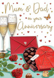 Sumptuous anniversary card scene illustrated with the warmth and intimacy of a family celebration in Sipson, as if set for Mum and Dad at the end of a cosy evening. In the foreground, two deep red roses lie side by side, their petals drawn in layered, velvety folds that echo the look of a carefully chosen bouquet prepared for local delivery. Rich green foliage curves around each bloom, adding depth and a natural softness to the setting. Next to the roses, a luxurious heart-shaped box of chocolates sits open, its red casing vivid and inviting. Inside, an assortment of chocolates is neatly arranged, the different shapes and subtle highlights suggesting smooth, melt-in-the-mouth centres. A generous red bow drapes over the top of the box, its satin texture captured in sweeping strokes. Behind this, two slender champagne flutes stand close together, filled with golden, effervescent champagne, the bubbles rising like tiny stars caught mid-drift. The glasses lean subtly towards each other, as if ready for a shared toast under warm, indoor lighting. All around, delicate gold and crimson hearts float across the background, framing the hand-lettered anniversary message and amplifying the romantic, joyful tone. To one side, a scarlet envelope lies poised, hinting at loving words and perhaps memories of years spent together in and around Sipson's quiet streets. The colour palette of ruby, gold, and leafy green gives the card a comforting glow that suggests the scent of roses, the sweetness of chocolate, and gentle laughter. As a florist familiar with marking milestones for local families, I recognise this design as a heartfelt salute to enduring partnership and the shared moments that make an anniversary truly special.